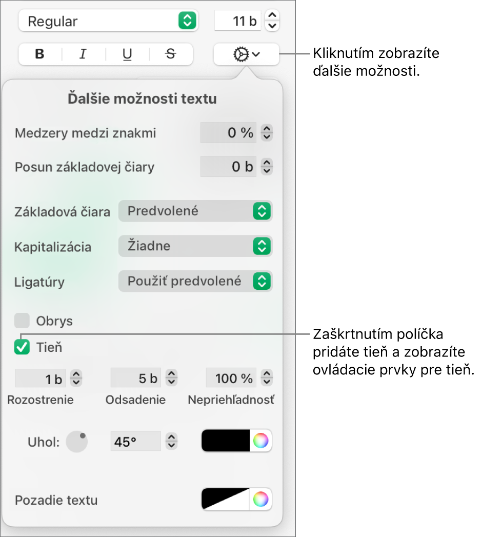 Otvorené menu Ďalšie možnosti textu so zaškrtnutým políčkom Tiene a ovládacími prvkami na nastavenie rozostrenia, odsadenia, nepriehľadnosti, uhla a farby.