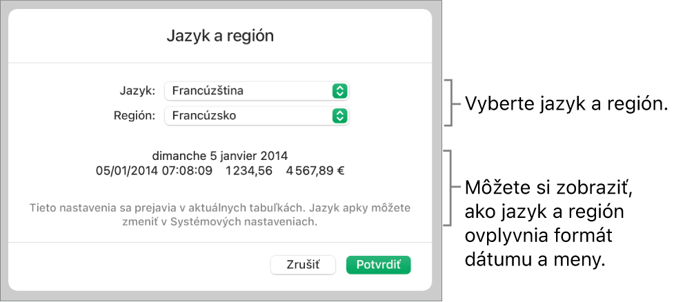 Panel Jazyk a región s ovládacími prvkami pre jazyk a región a príklad formátu dátumu, času, desatinného znaku a meny.