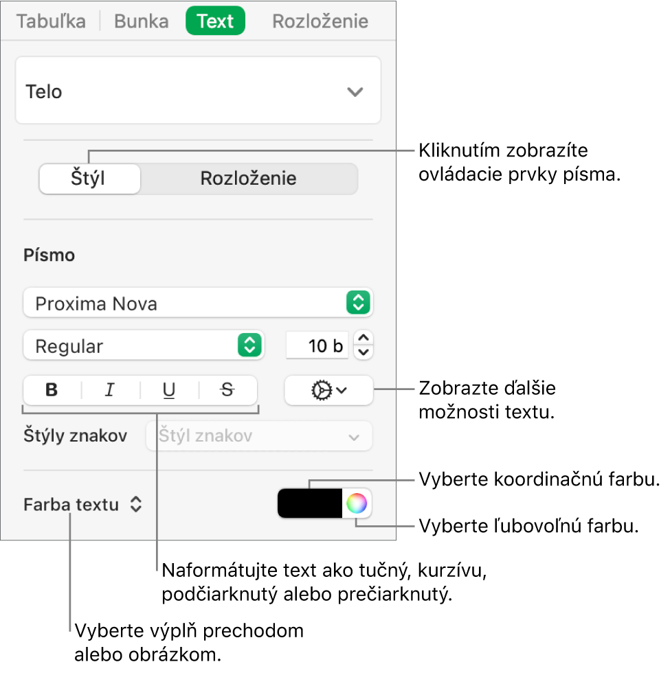 Ovládacie prvky na úpravu štýlu textu tabuľky.