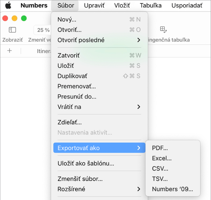 Menu Súbor otvorené s vybratou položkou Exportovať do a submenu zobrazujúce možnosti exportu pre PDF, Excel, CSV a Numbers '09