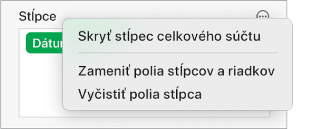Menu Ďalšie možnosti poľa zobrazujúce ovládacie prvky na skrytie celkových súčtov, zámenu stĺpcových a riadkových polí a vymazanie polí.