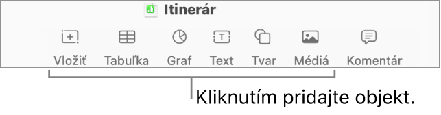 Okno Numbers s textovými bublinami na tlačidlách objektov na paneli s nástrojmi.