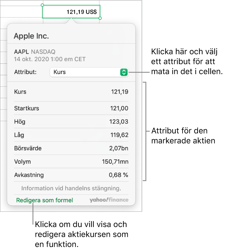 Dialogrutan för att mata in information om aktieattribut där Apple-aktien har markerats.