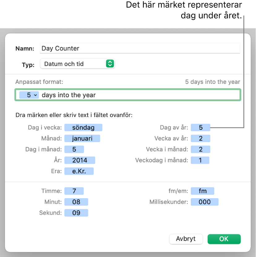 Anpassat datum- och tidscellformat.