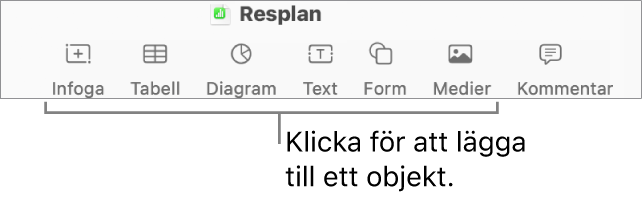 Numbers-fönstret med pilar som pekar på objektknapparna i verktygsfältet.