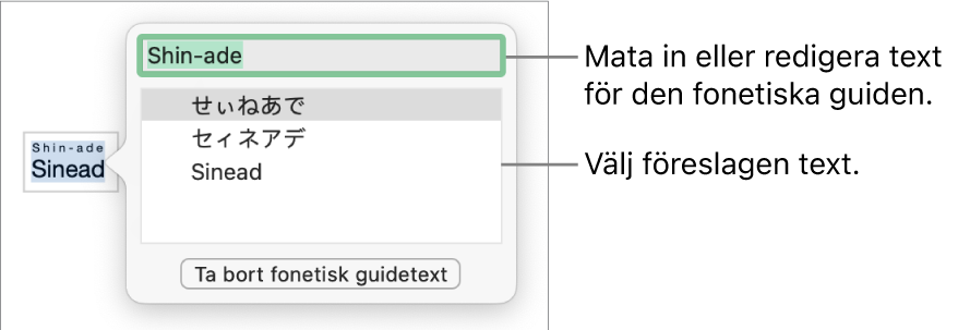 Den fonetiska guiden är öppen för ett ord, med linjer som pekar på textfältet och föreslagen text.