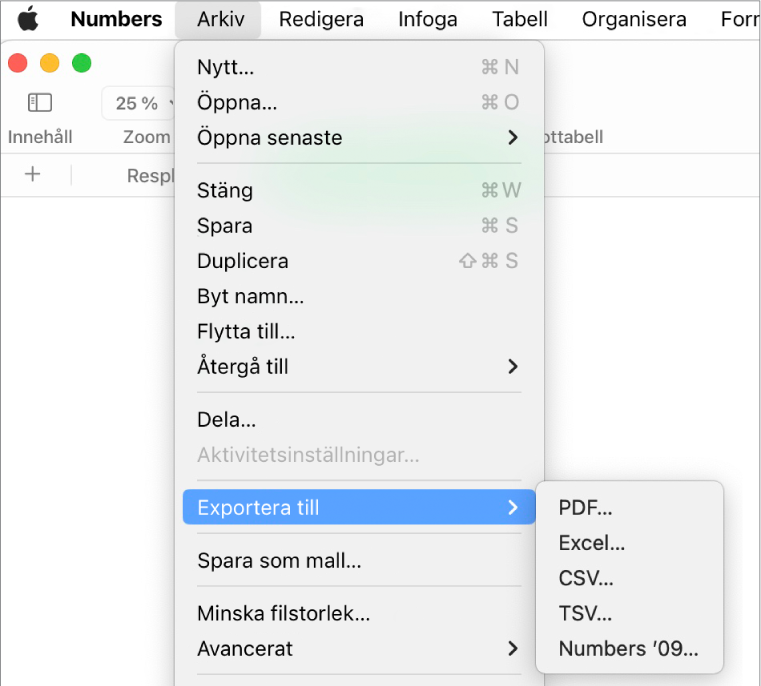 Öppen Arkiv-meny med Exportera till markerat. Undermenyn visar exportalternativ för PDF, Excel, CVS och Numbers ’09.