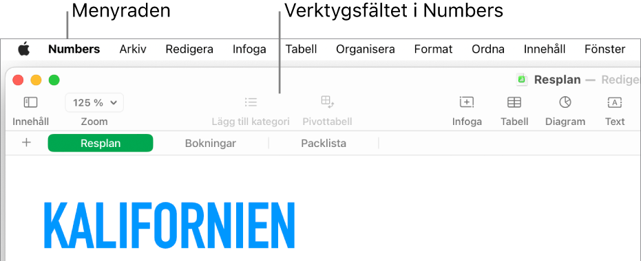 Menyraden överst på skärmen med menyerna Apple, Numbers, Arkiv, Redigera, Infoga, Tabell, Organisera, Format, Ordna, Innehåll, Fönster och Hjälp. Nedanför menyraden visas ett öppet Numbers-kalkylblad med knappar i verktygsfältet överst för vy, zooma, lägga till kategori, pivottabell, infoga, tabell, diagram och text.