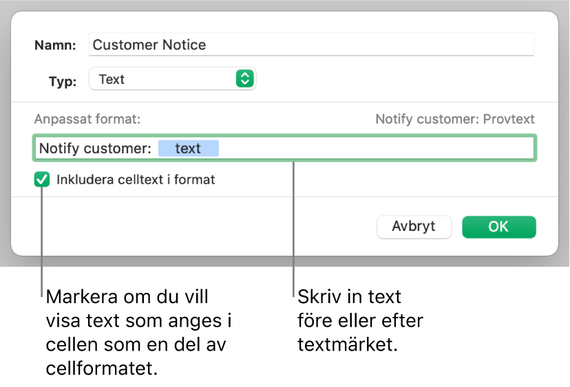 Anpassat textcellsformat.