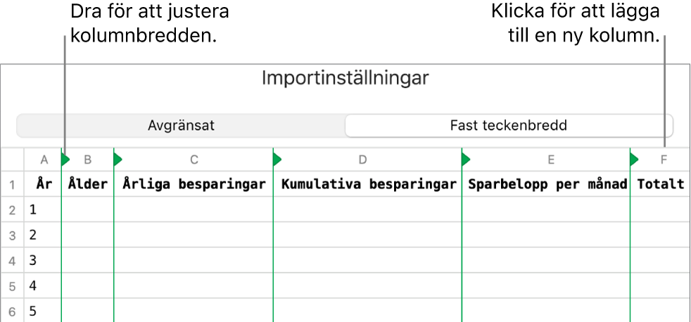 Importinställningar för en textfil med fast teckenbredd.