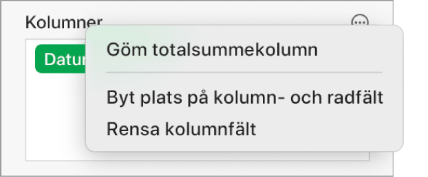 Menyn Fler fältalternativ som visar reglagen för att gömma totalsummor, byta plats på kolumn- och radfält och rensa fält.