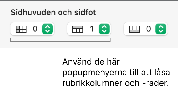 Popupmenyerna för att lägga till rubrik- och sidfotskolumner i en tabell och för att låsa rubrikrader och rubrikkolumner.