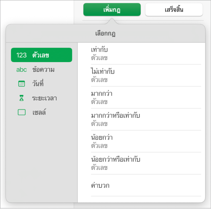 ประเภทของกฎการไฮไลท์