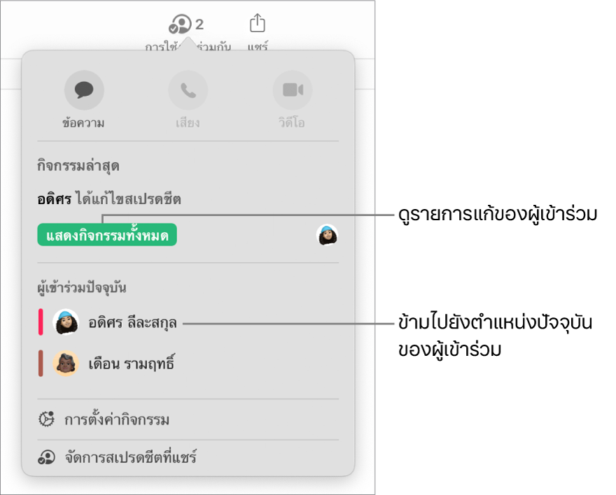 เมนูการใช้งานร่วมกันที่มีผู้เข้าร่วมปัจจุบันสองคนแสดงอยู่ในรายกา