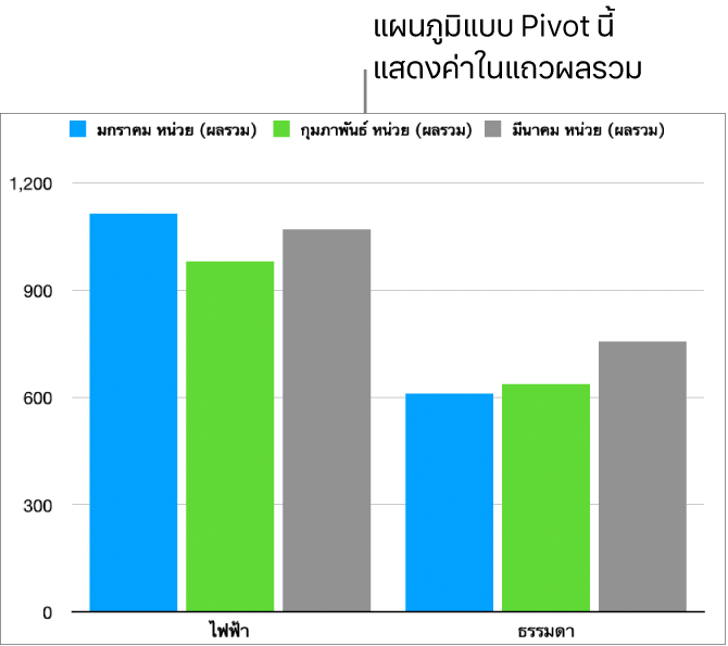 แผนภูมิแบบ Pivot ที่แสดงข้อมูลที่เขียนค่าจากแถวผลรวมในตารางแบบ Pivot ด้านบน