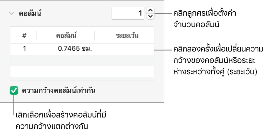 ตัวควบคุมในส่วนคอลัมน์สำหรับการเปลี่ยนแปลงหมายเลขของคอลัมน์และความกว้างของแต่ละคอลัมน์