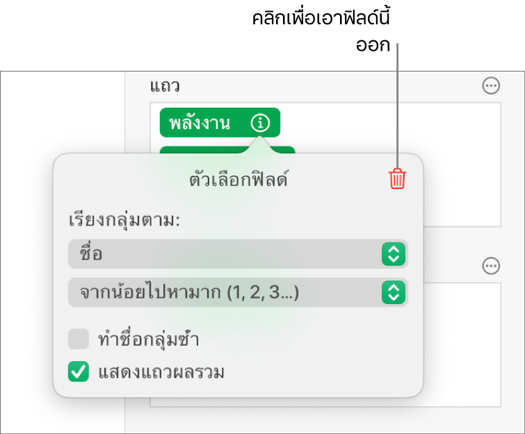 เมนูตัวเลือกฟิลด์ ที่แสดงตัวควบคุมสำหรับการจัดกลุ่มและการเรียงข้อมูล รวมถึงตัวเลือกในการเอาฟิลด์ออก