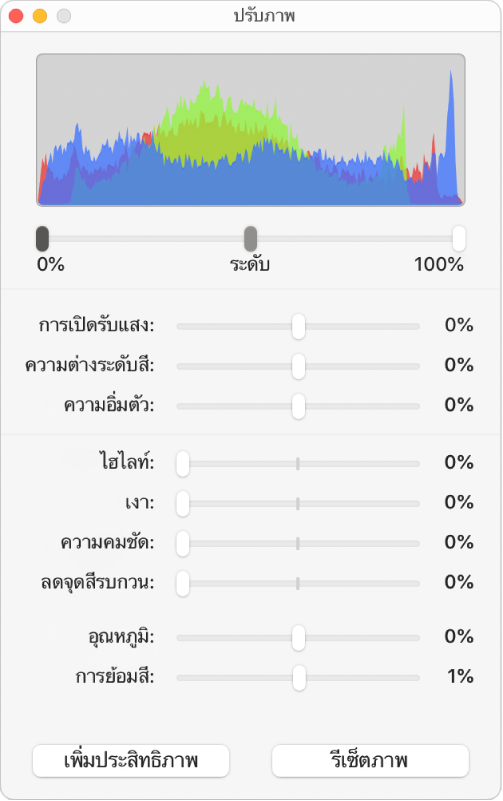 หน้าต่างปรับภาพที่มีตัวเลื่อนเพื่อตั้งค่าการเปิดรับแสง ความต่างระดับสี ความอิ่มตัว ไฮไลท์ เงา ความชัด ลดนอยซ์ อุณหภูมิ และสีอ่อน