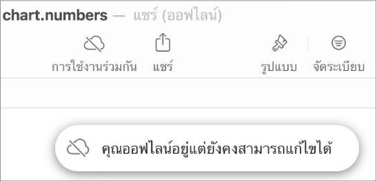 การเตือนบนหน้าจอแจ้งว่า “คุณออฟไลน์อยู่แต่ยังคงสามารถแก้ไขได้”