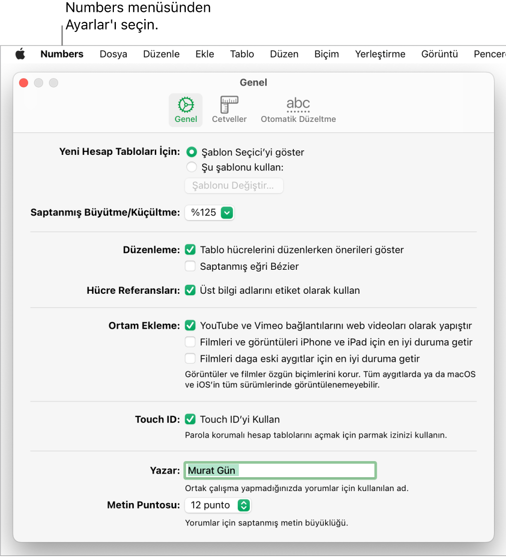 Numbers ayarları penceresi; yeni hesap tablosu, saptanmış büyütme/küçültme, düzenleme, hücre referansları, denklemler, ortam ekleme, Touch ID, yazar adı ve saptanmış metin puntosu ayarlarını içeren Genel bölümüyle açılır.