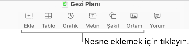 Ekle, Tablo, Grafik, Metin, Şekil ve Ortamlar düğmeleriyle Numbers araç çubuğu.