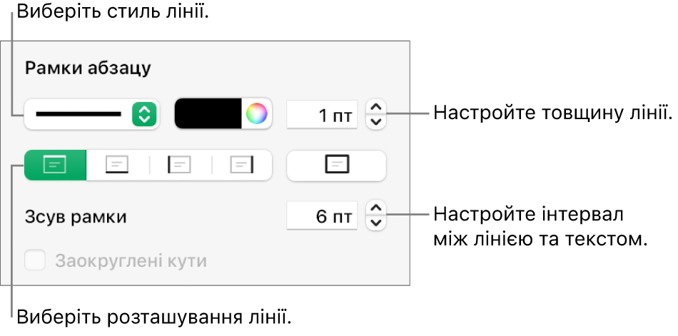 Елементи керування стилем, товщиною, положенням та кольором лінії.