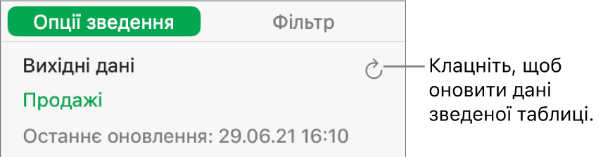 Вкладка «Опції зведення» з опцією оновлення зведеної таблиці.