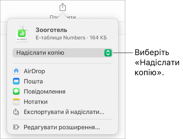 Меню «Поширення», у якому вгорі вибрано елемент «Поширити копію».