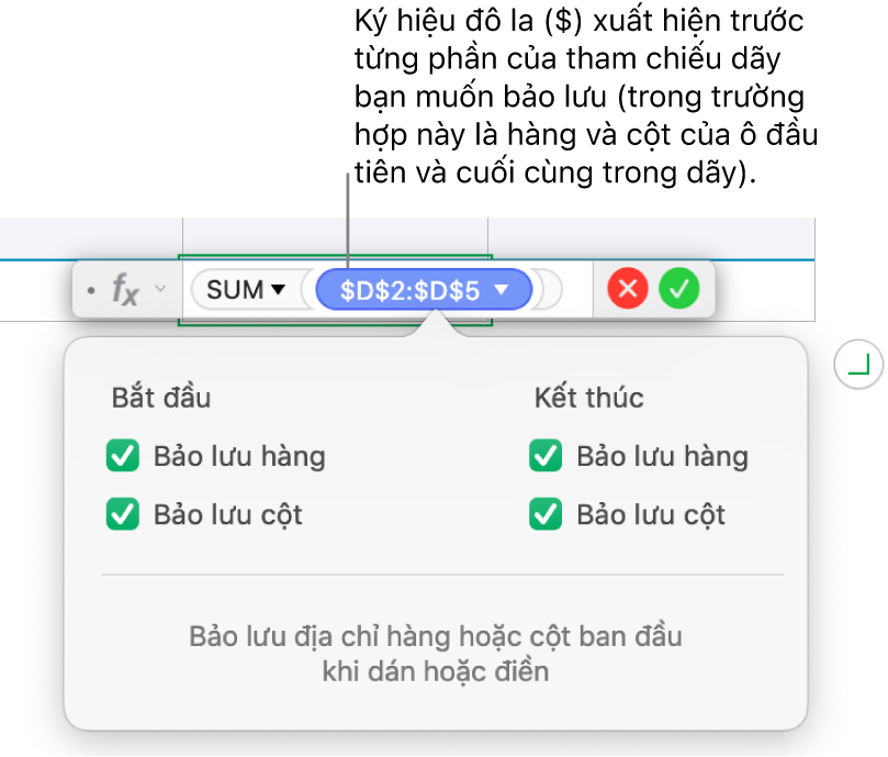 Công thức đang hiển thị tham chiếu hàng và cột được bảo lưu.