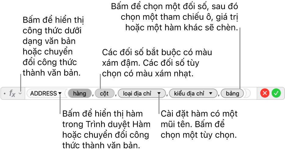 Trình sửa công thức đang hiển thị hàm ADDRESS và các mã thông báo đối số của hàm.