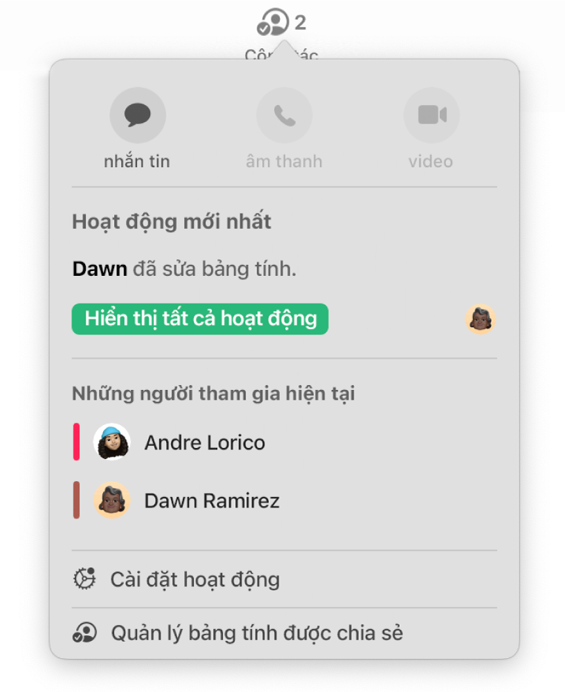 Menu cộng tác đang hiển thị tên của những người đang cộng tác trên bảng tính.