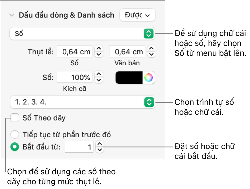 Các điều khiển để thay đổi kiểu số và khoảng cách của danh sách.