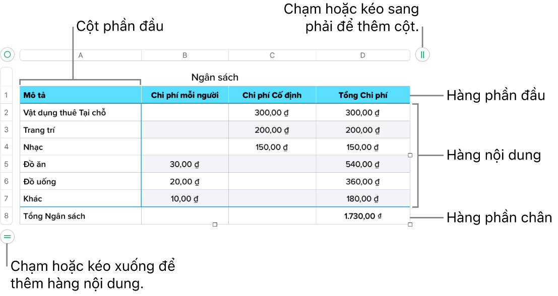 Bảng hiển thị các hàng và cột phần đầu, phần thân và phần chân cũng như các bộ điều khiển để thêm hoặc xóa các hàng hoặc cột.