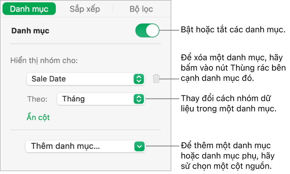 Thanh bên danh mục với các tùy chọn để tắt danh mục, xóa danh mục, nhóm lại dữ liệu, ẩn cột nguồn và thêm danh mục.