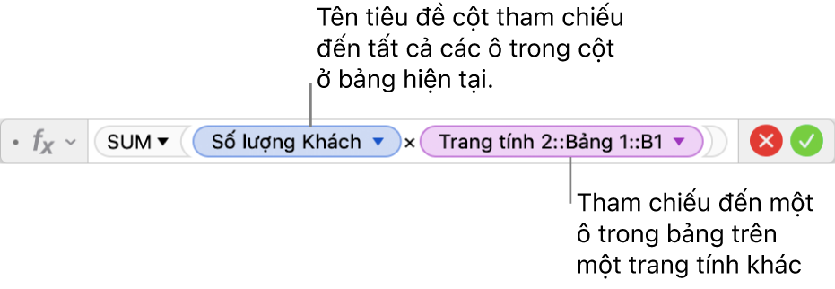 Trình sửa công thức đang hiển thị công thức tham chiếu đến một cột trong một bảng và một ô trong một bảng khác.