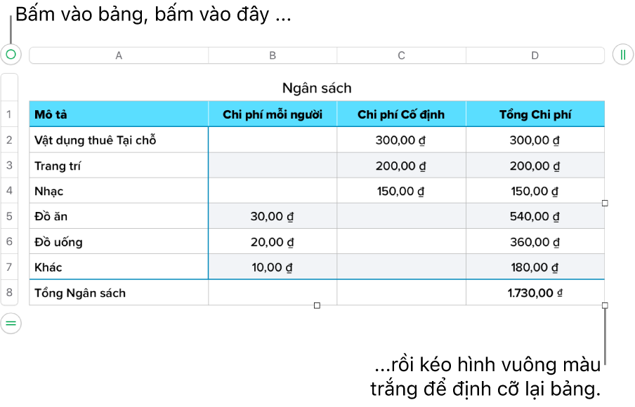 Một bảng được chọn có các hình vuông màu trắng để định cỡ lại.