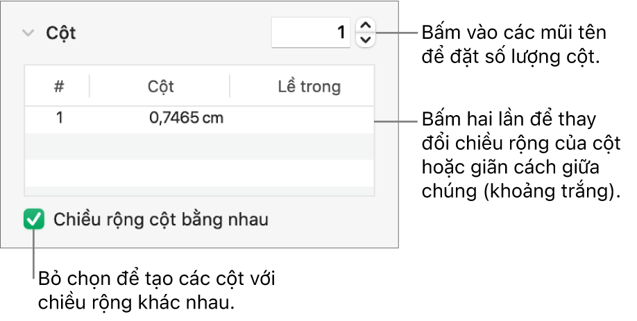 Các điều khiển trong phần cột để thay đổi số lượng cột và chiều rộng của từng cột.