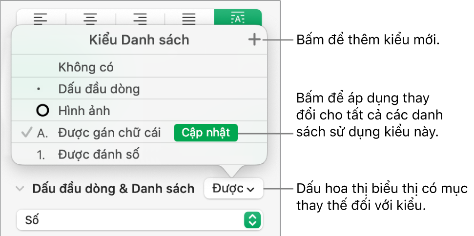 Menu bật lên Kiểu danh sách với dấu hoa thị biểu thị giá trị thay thế và các lời nhắc đến nút Kiểu mới và menu con chứa các tùy chọn quản lý kiểu.