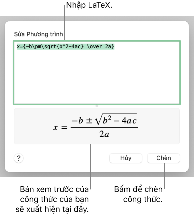 Công thức bậc hai được viết bằng LaTeX trong trường Phương trình và bản xem trước của công thức bên dưới.