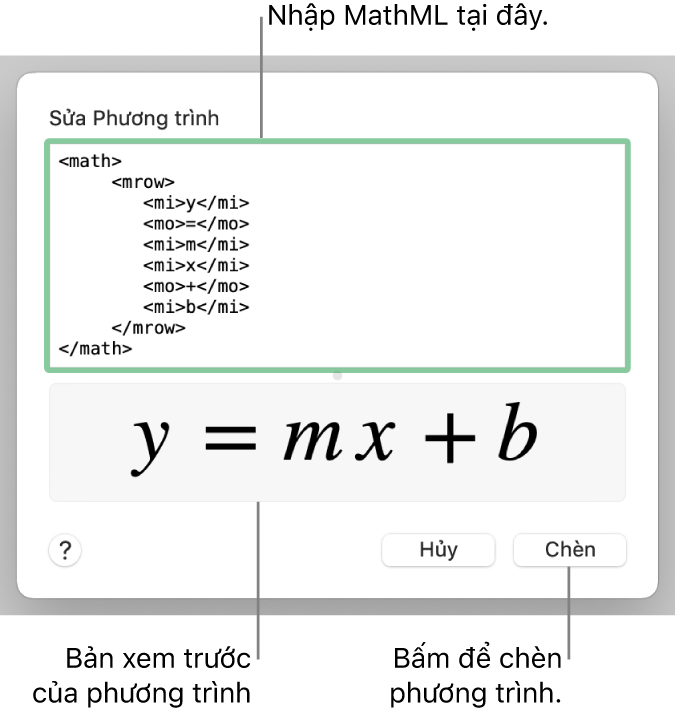 Phương trình tính độ dốc của một đường trong trường Sửa phương trình và bản xem trước của công thức ở bên dưới.