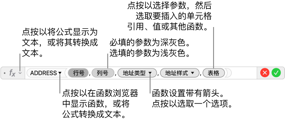 显示 ADDRESS 函数及其参数符号的公式编辑器。