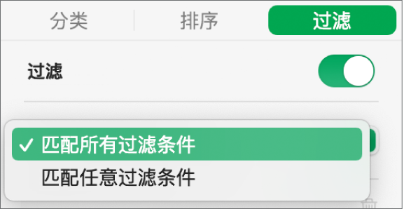 用于在显示匹配所有过滤条件的行，或显示匹配任意过滤条件的行之间选取的弹出式菜单。