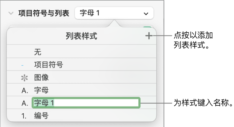 “列表样式”弹出式菜单，其中“添加”按钮位于右上角，占位符样式名称的文本被选中。