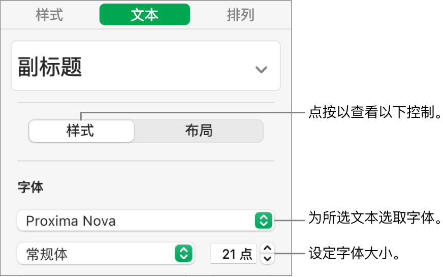 “格式”边栏的“样式”部分中用于设定字体和字体大小的文本控制。