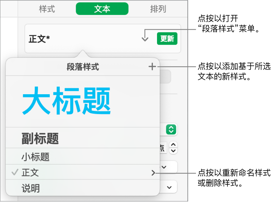 “段落样式”菜单，显示用于添加或更改样式的控制。