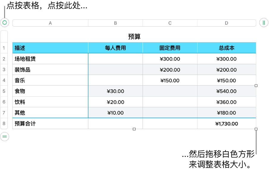 所选表格，含用于调整大小的白色方形。