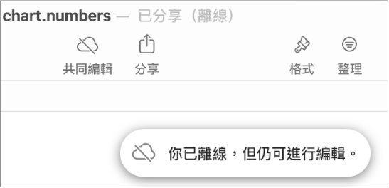 螢幕上的警示顯示「你已離線，但仍可進行編輯。」