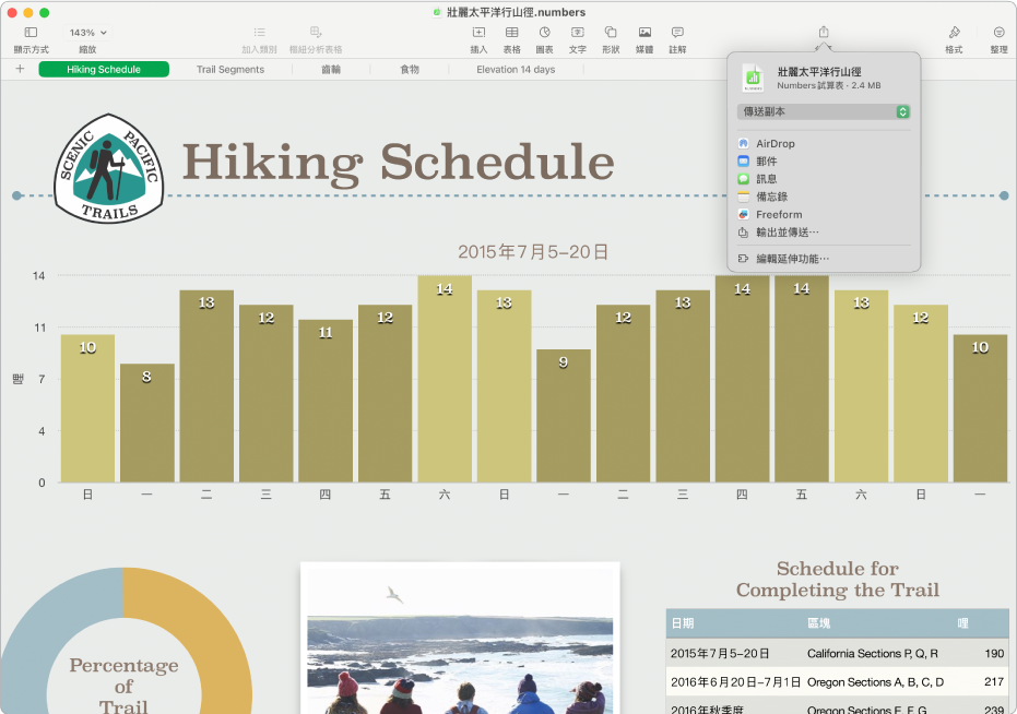 Numbers 視窗顯示「分享」選單，以及傳送試算表副本，或者輸出並以其他格式傳送的選項。