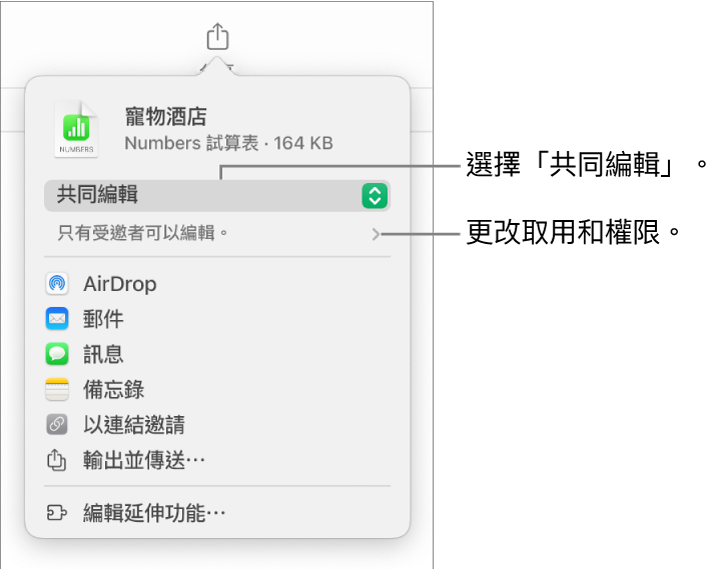 「分享」選單的最上方已選擇「共同編輯」，下面是取用權限和權限設定。