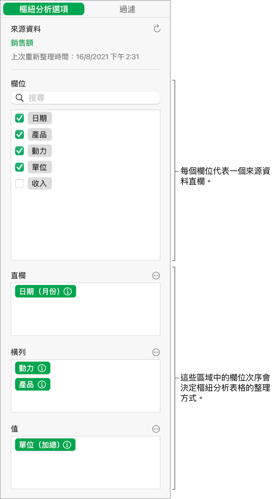 「樞紐分析選項」選單顯示「直欄」、「橫列」和「值」區域中的欄位，以及編輯欄位和重新整理樞紐分析表格的控制項目。